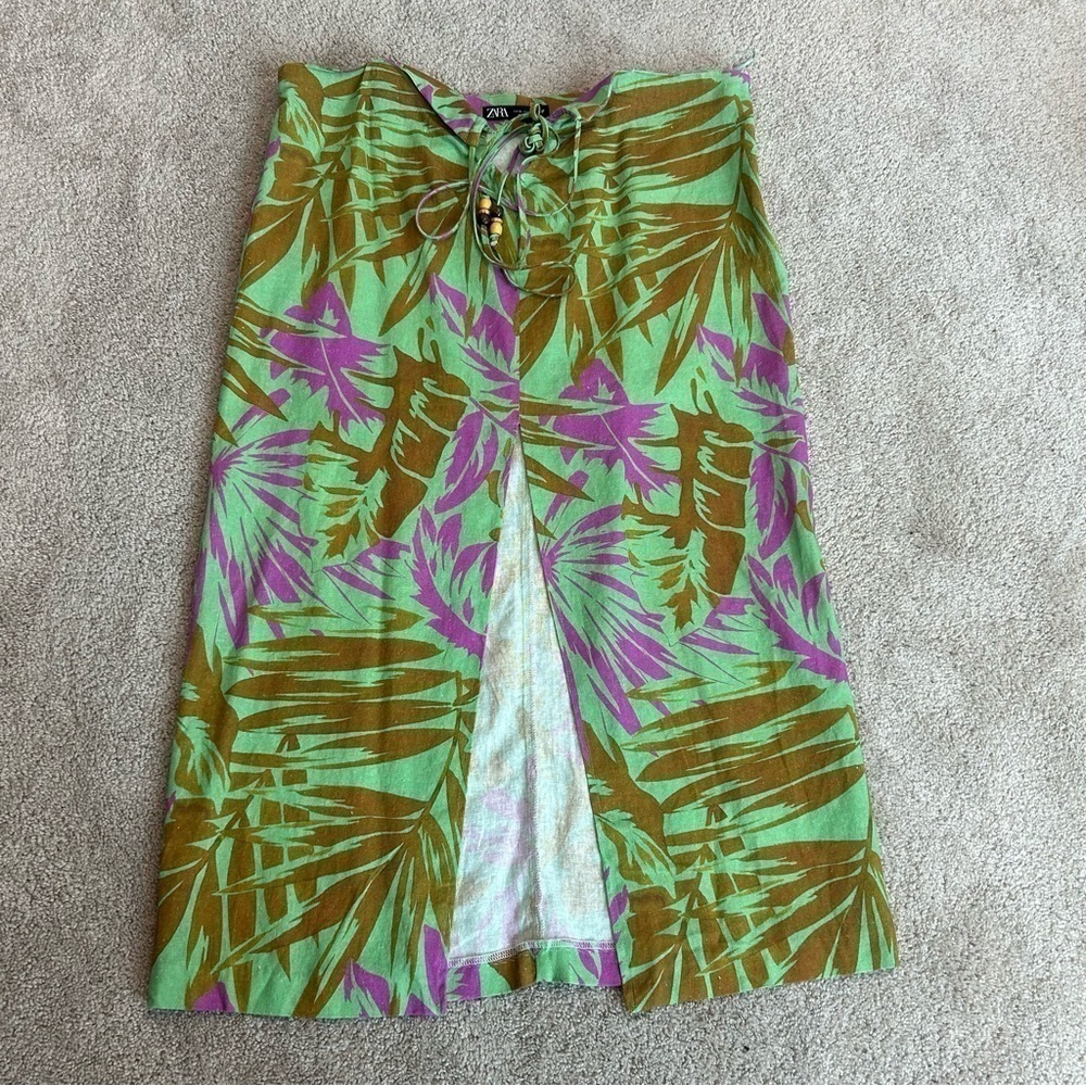 Zara green brown purple leaf print tropical front slit beaded linen tie skirt L